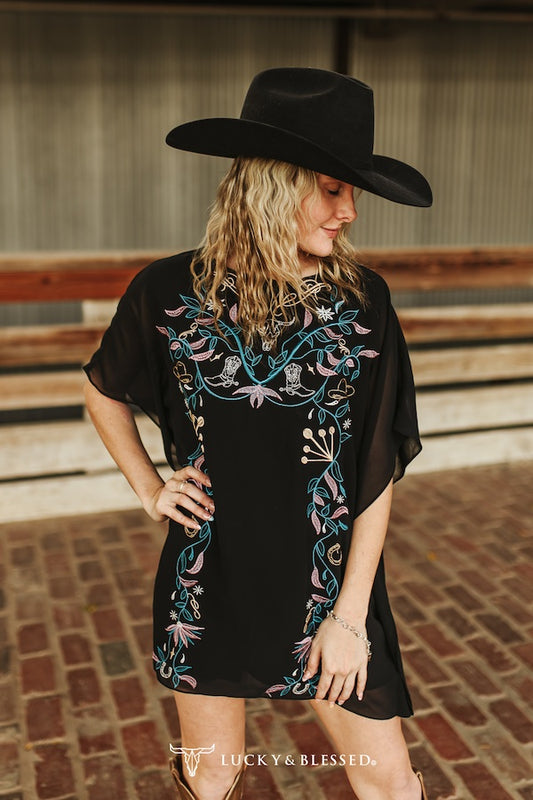 Black Floral Embroidered Chiffon Tunic lined Top
