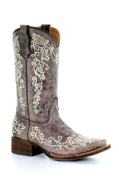 Corral Brown Bone Floral Embroidered Square Toe Boot