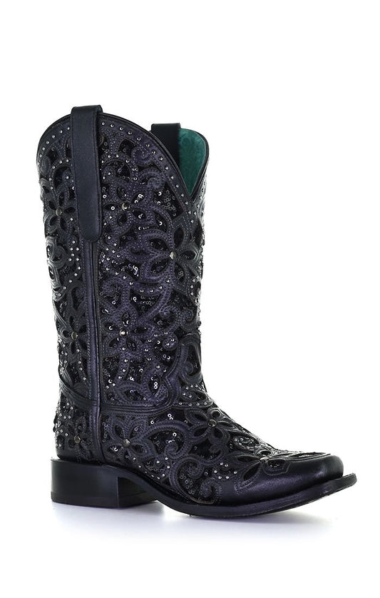 CORRAL BLACK GLITTER INLAY EMBROIDERED STUD SQUARE TOE BOOT