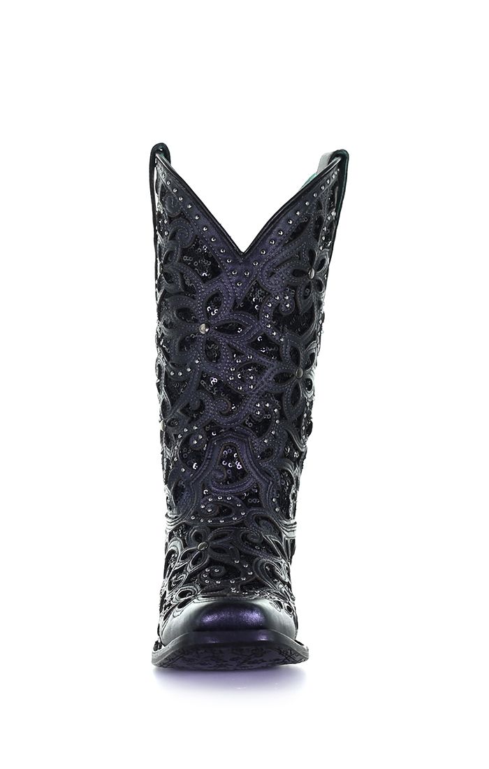 CORRAL BLACK GLITTER INLAY EMBROIDERED STUD SQUARE TOE BOOT