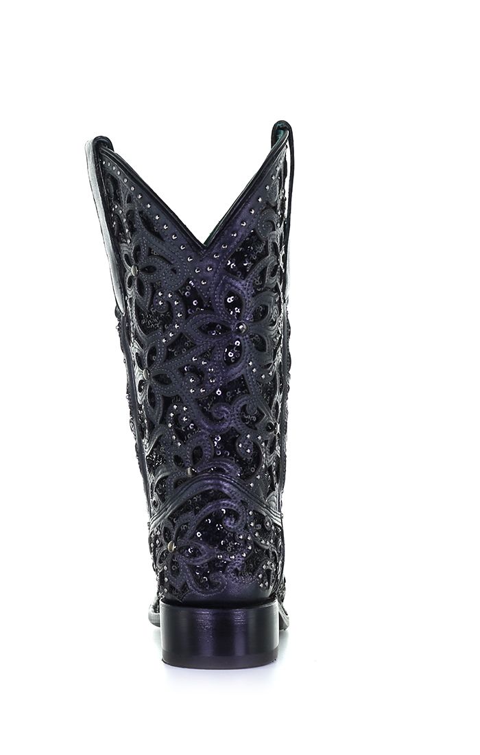CORRAL BLACK GLITTER INLAY EMBROIDERED STUD SQUARE TOE BOOT