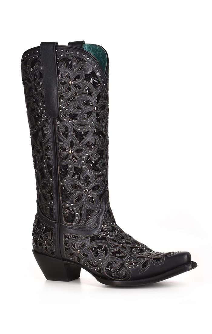 Corral Black Embroidered Sequin Inlay Studded Snip Toe Boot