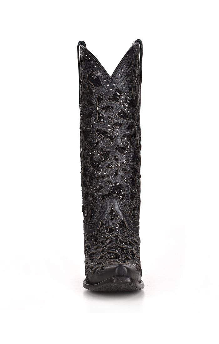 Corral Black Embroidered Sequin Inlay Studded Snip Toe Boot