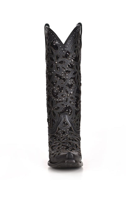 Corral Black Embroidered Sequin Inlay Studded Snip Toe Boot