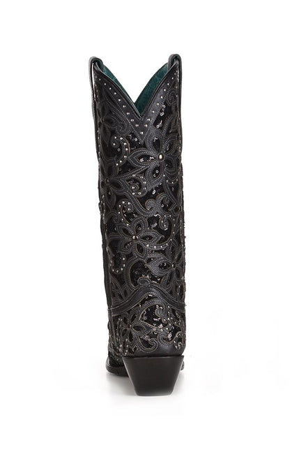 Corral Black Embroidered Sequin Inlay Studded Snip Toe Boot