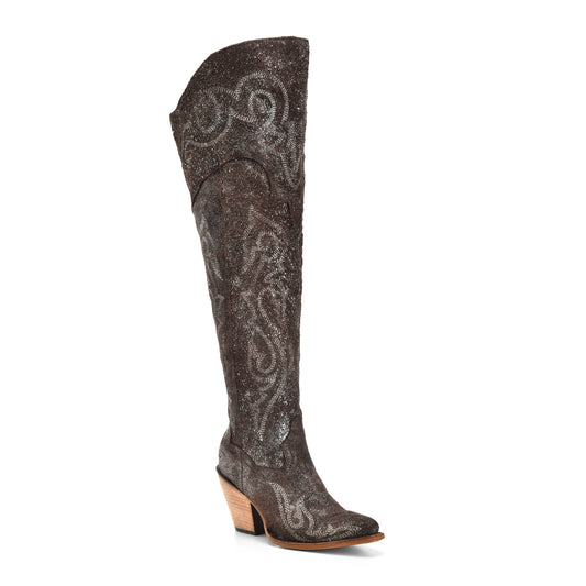 CORRAL BROWN-SILVER METALLIZED LEATHER EMBROIDERY SCRUNCHABLE LEATHER TALL TOP POINTED TOE BOOT
