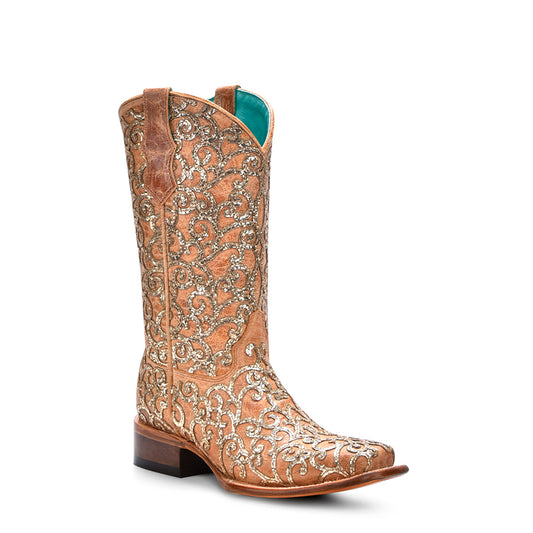 CORRAL STRAW GLITTER INLAY & EMBROIDERY SQUARE TOE BOOT
