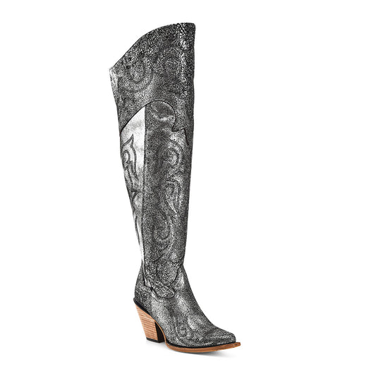 CORRAL OLD SILVER METALLIZED LEATHER EMBROIDERY SCRUNCHABLE LEATHER TALL TOP POINTED TOE BOOT