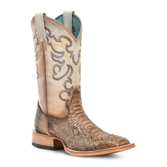 CORRAL TAUPE-BEIGE PYTHON EMBROIDERY WIDE SQUARE TOE BOOT