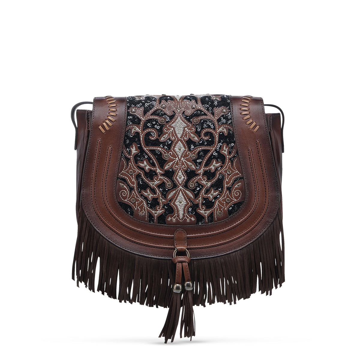 CORRAL CHOCOLATE EMBROIDERED STUDDED FRINGE CRYSTAL SADDLE BAG