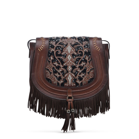 CORRAL CHOCOLATE EMBROIDERED STUDDED FRINGE CRYSTAL SADDLE BAG