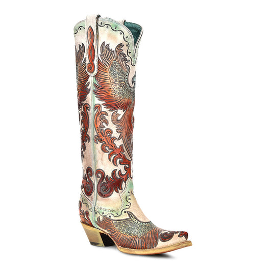 CORRAL WHITE HAND TOOLED HAND PAINTED FIRE PHOENIX BOOT