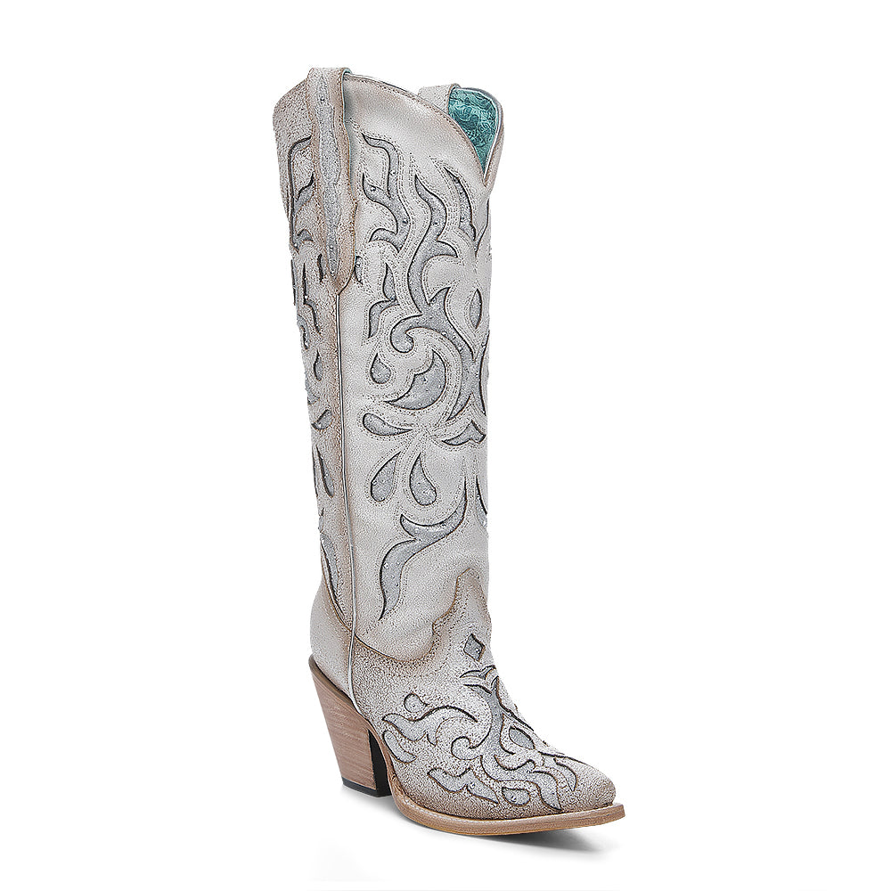 Corral White Embroidered Glitter & Crystal Tall Top Pointed Toe Boot