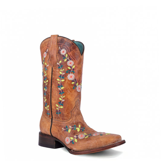 Corral Teen Honey Floral Embroidered Glow Square Toe Boot