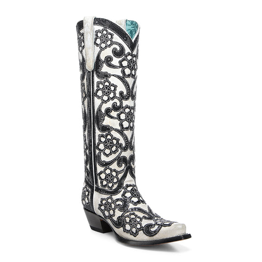 Corral White Overlay Black Sequin Floral Embroidered Tall Top Boot