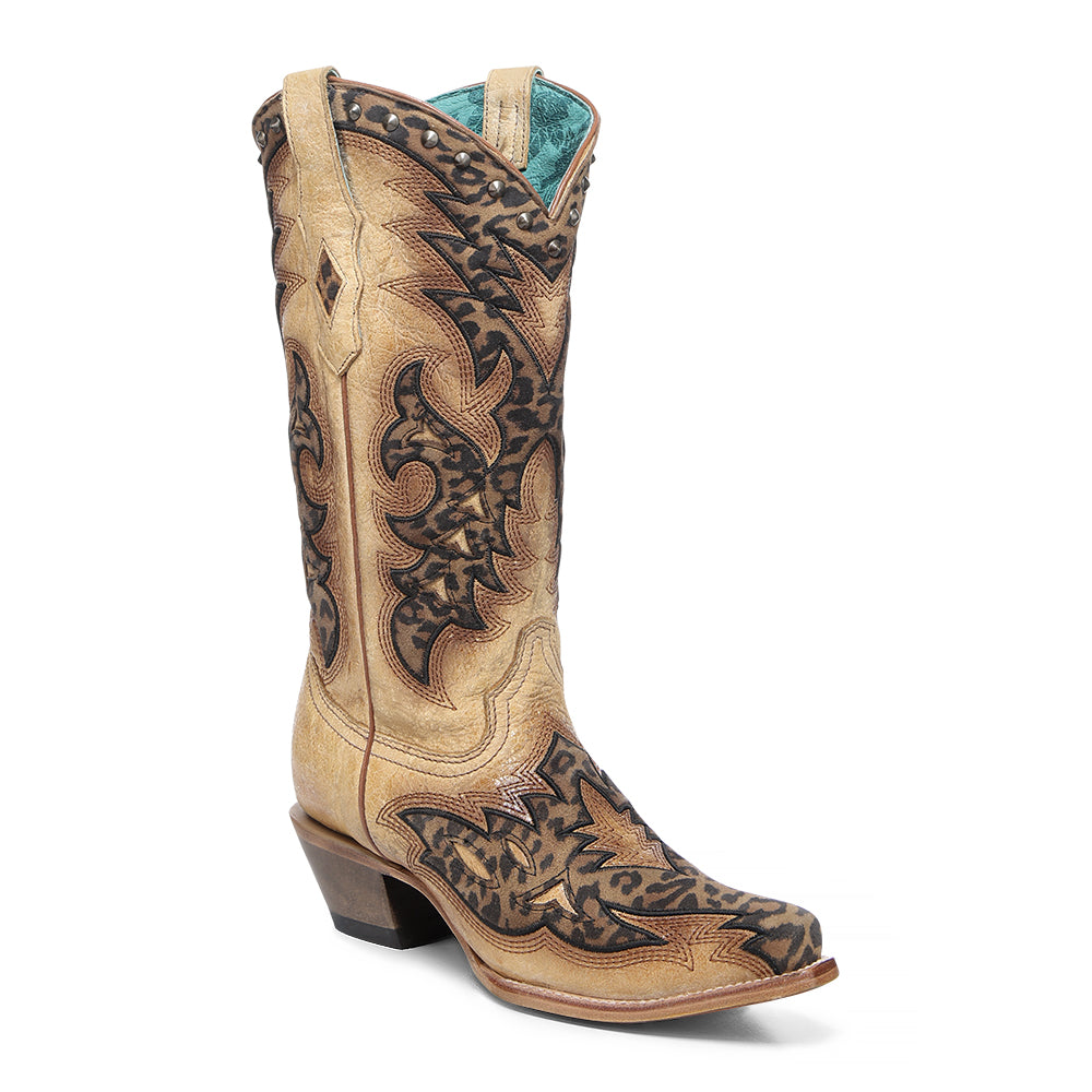 Corral Straw Brown Laser Leopard Embroidered Snip Toe Boot