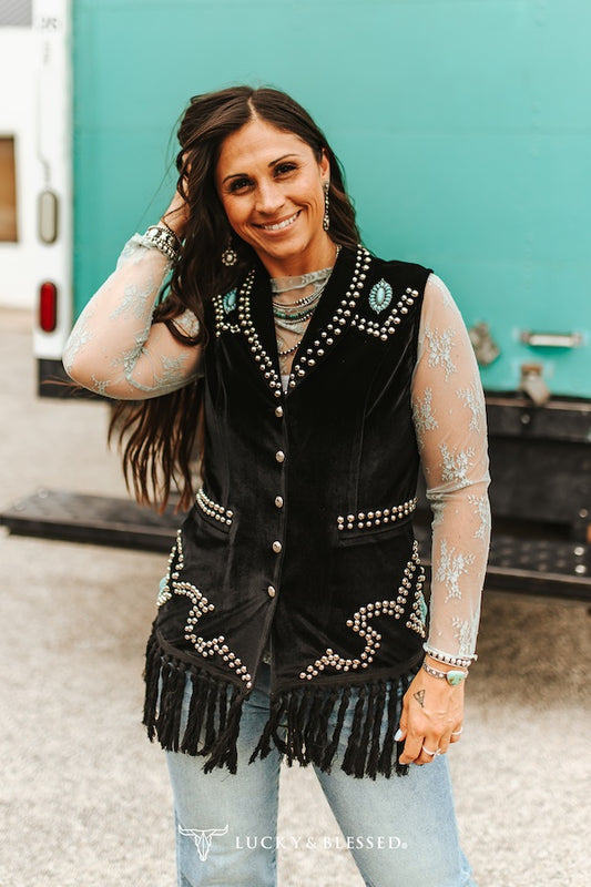 Black Fringe Studded Turquoise Stone Concho Detail Vest