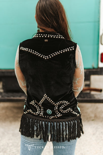 Black Fringe Studded Turquoise Stone Concho Detail Vest