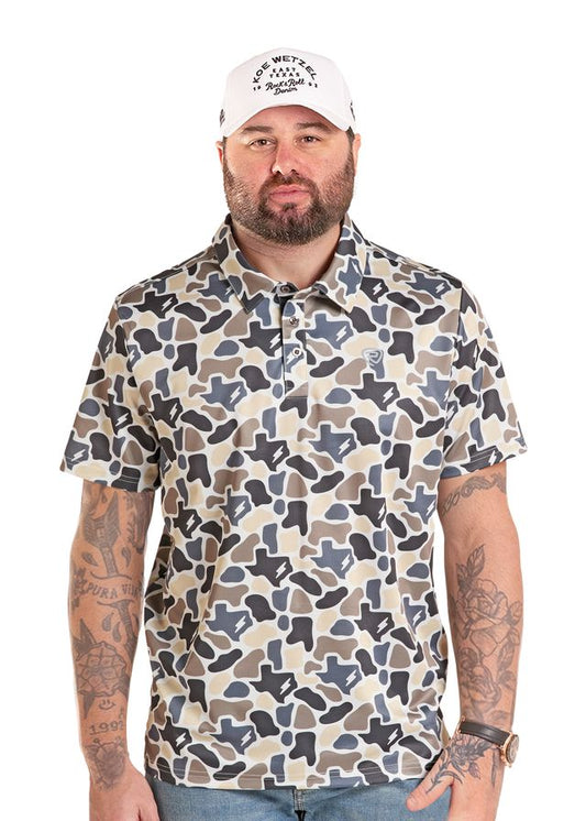 Rock & Roll Denim X Koe Wetzel Men's Camo Print Short Sleeve Button-Down Polo