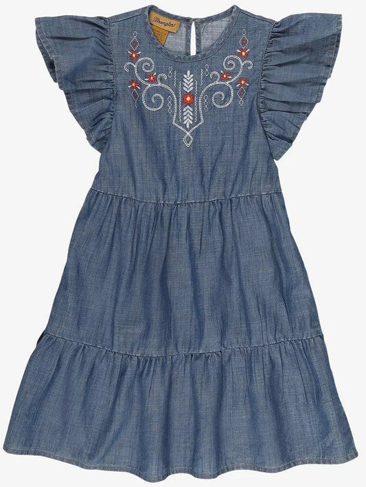 Wrangler Girl's Denim Blue Ruffles Floral Embroidery Cap Sleeve Dress