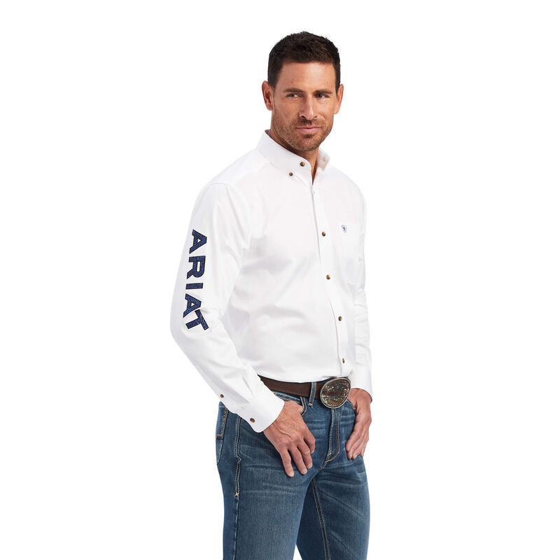 Ariat Team Logo White Olympian Blue Twill Classic Fit Shirt