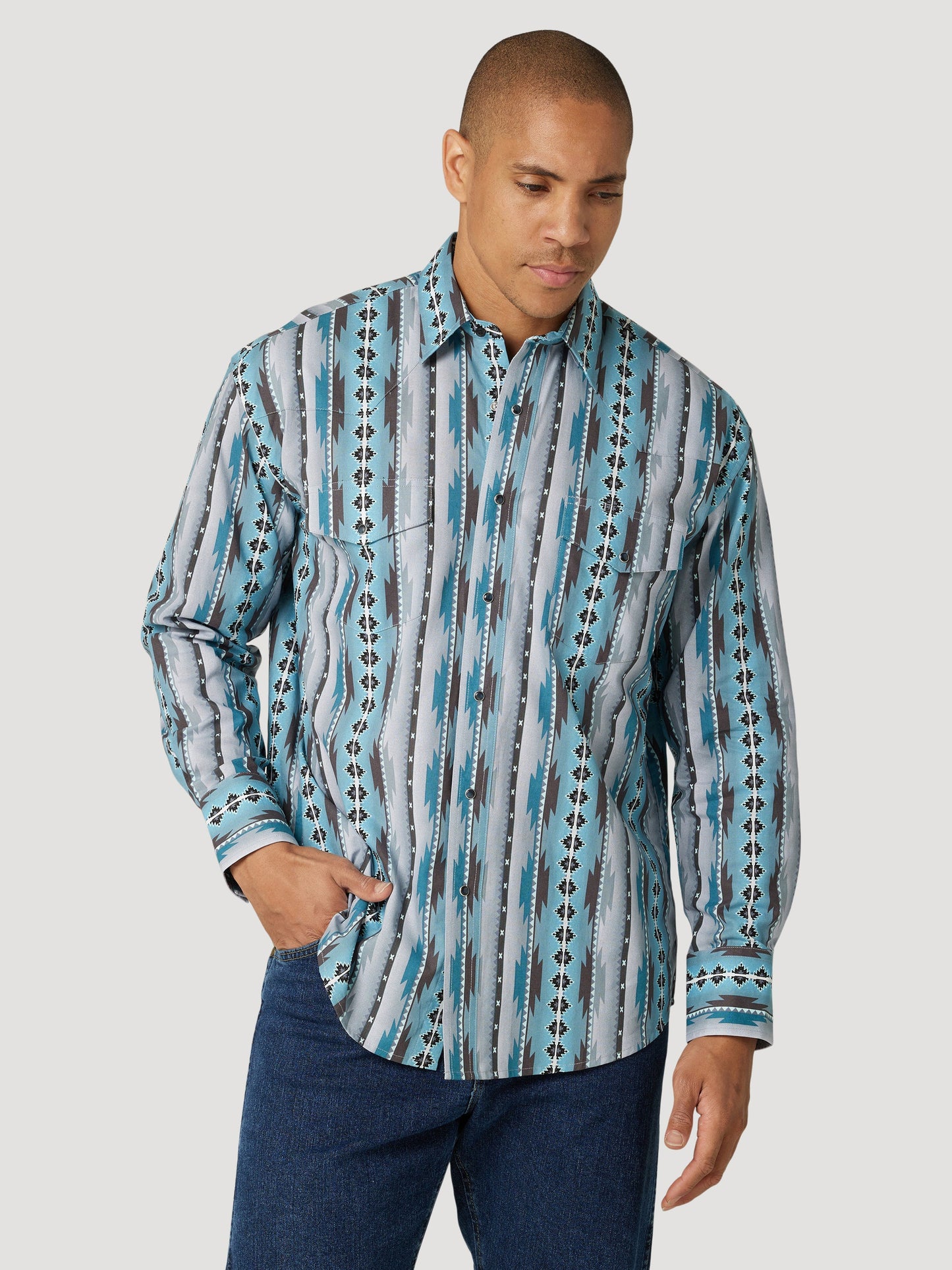WRANGLER TURQUOISE CHECOTAH LONG SLEEVE SNAP SHIRT