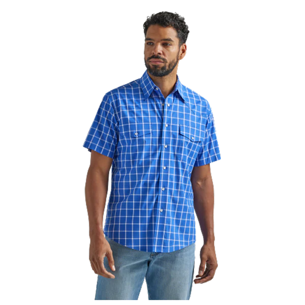 Wrangler Men's Wrinkle Resist Short Sleeve Western Snap Shirt - Blue Plaid