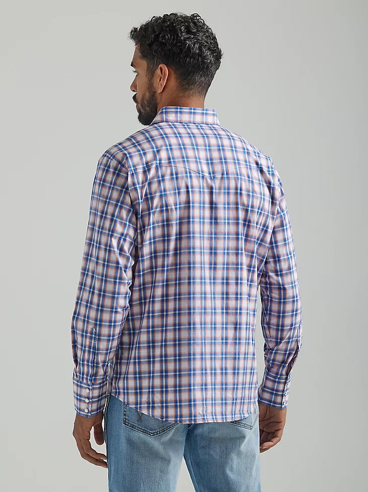 WRINKLE RESIST BLUE ORANGE LONG SLEEVE SNAP PLAID SHIRT