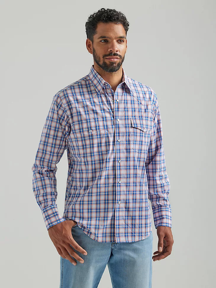 WRINKLE RESIST BLUE ORANGE LONG SLEEVE SNAP PLAID SHIRT