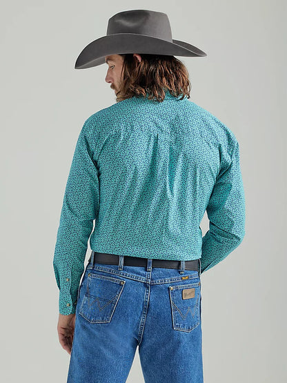 WRANGLER GEORGE STRAIT LONG SLEEVE TWO POCKET BUTTON DOWN PRINT SHIRT IN TEAL FLOWERS