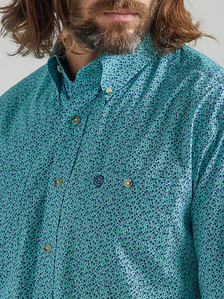 WRANGLER GEORGE STRAIT LONG SLEEVE TWO POCKET BUTTON DOWN PRINT SHIRT IN TEAL FLOWERS