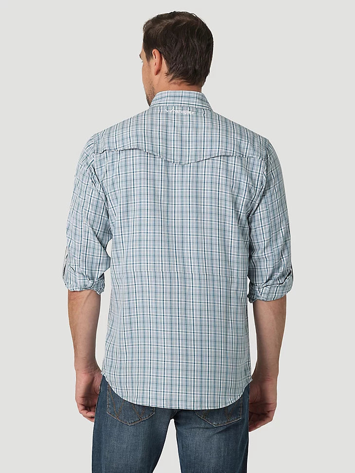 WRANGLER PERFORMANCE SNAP LONG SLEEVE PLAID SHIRT IN TEAL PLAID