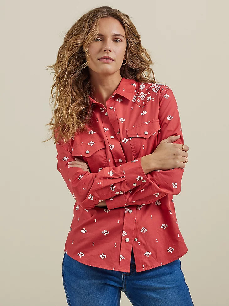 Wrangler Women's Red Retro Americana Bandana Western Snap Shirt