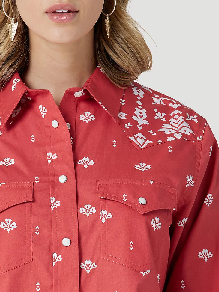 Wrangler Women's Red Retro Americana Bandana Western Snap Shirt