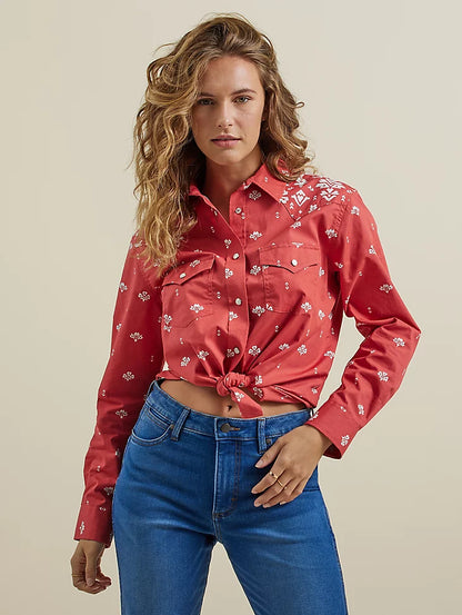 WRANGLER WOMEN'S  RED RETRO AMERICANA BANDANA WESTERN SNAP SHIRT