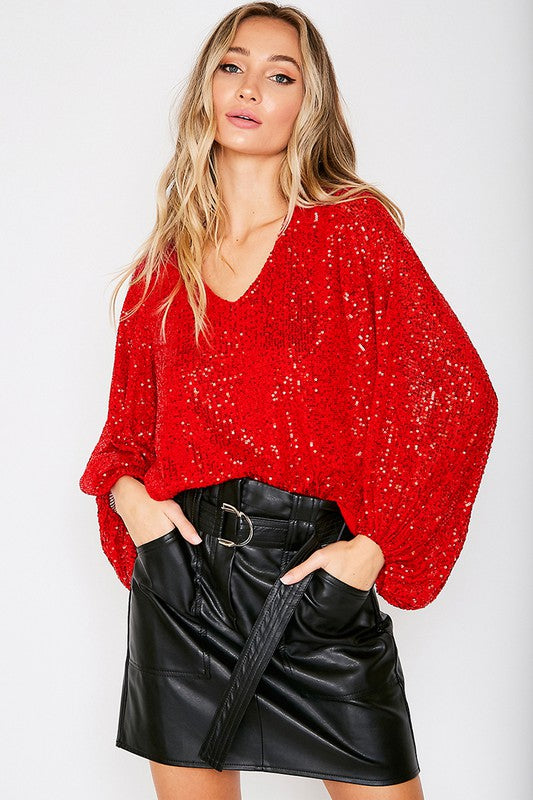 RED SEQUIN BALLOON SLEEVE TOP