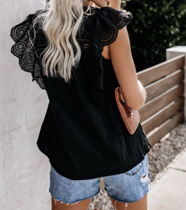 Hollowed Black Flutter Sleeve Top