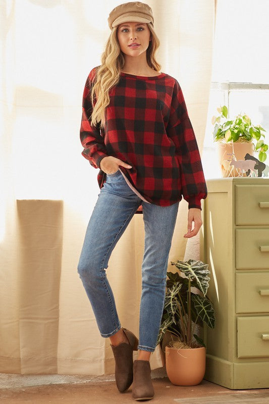 CROCHET OPEN BACK RED PLAID TUNIC TOP