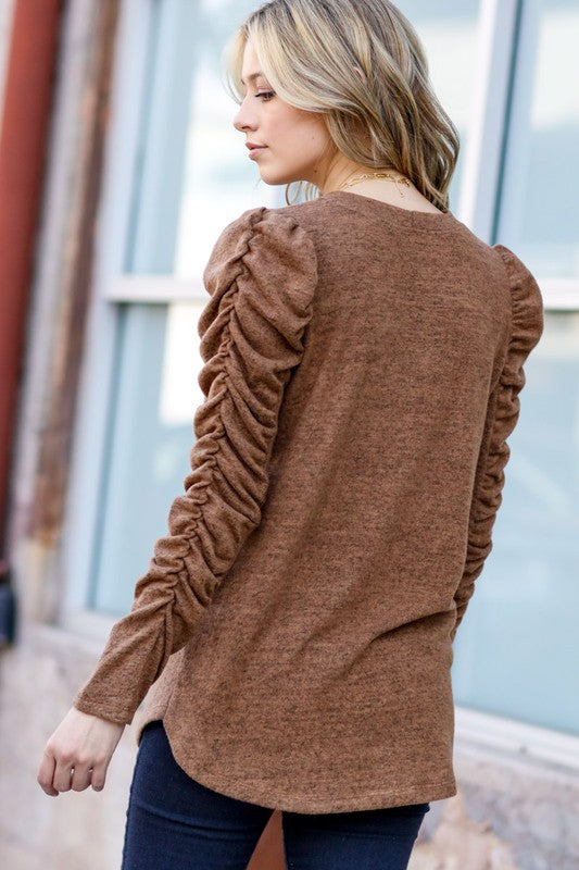 Ruched Sleeve Camel Two Toned Top