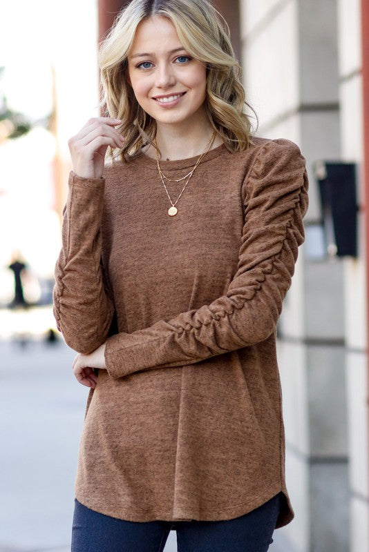 Ruched Sleeve Camel Two Toned Top