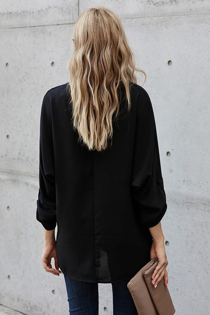 Black V Neck 3/4 Sleeve High Low Hem Blouses