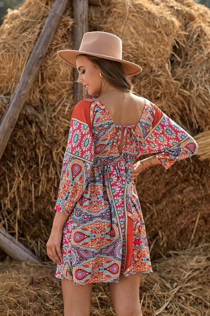 Women V Neck Bohemian Vintage Printed Mini Dress