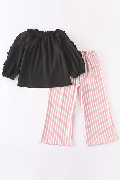 Black Ruffle Top Set With Pink Stripe Bottoms