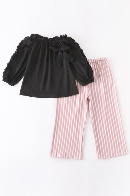 Black Ruffle Top Set With Pink Stripe Bottoms