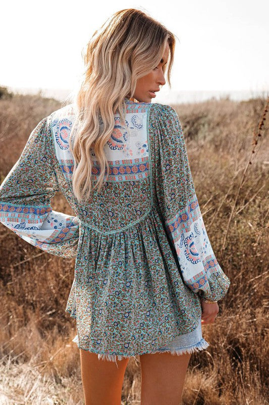 Split Neck Bubble Sleeve Floral Pacthwork Blouse