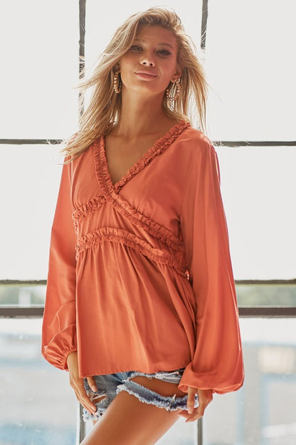 RUST RUFFLE APPLIQUE TOP