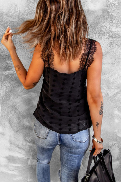 Black Lace Swiss Dots V Neck Tank Tops