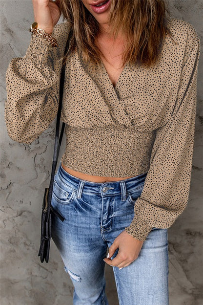 Polka Dot Print Wrap V Neck Smocked Crop Top