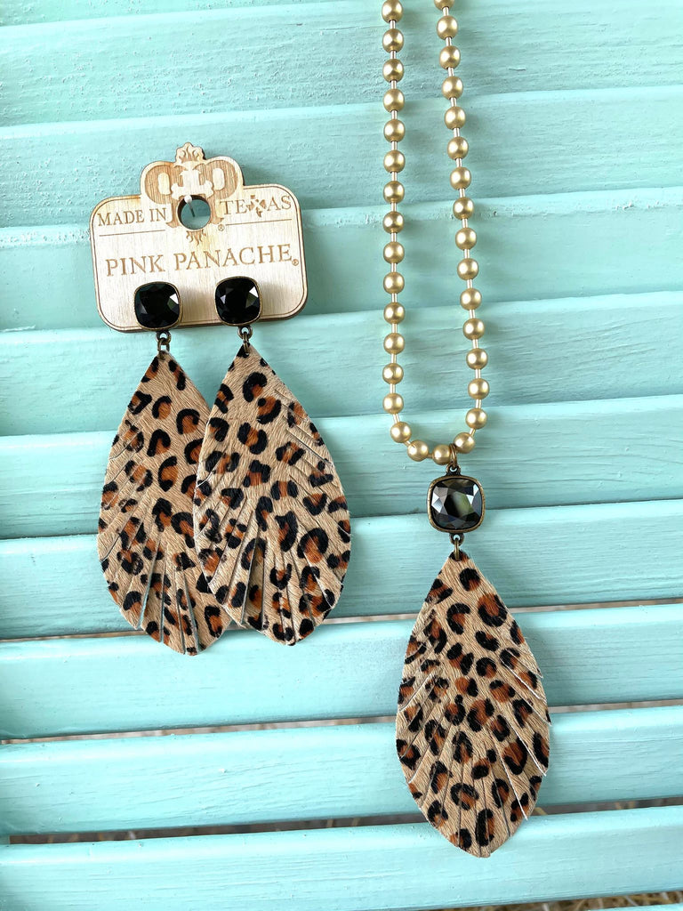 PINK PANACHE BLACK POST LEOPARD FEATHER GOLD BALL CHAIN