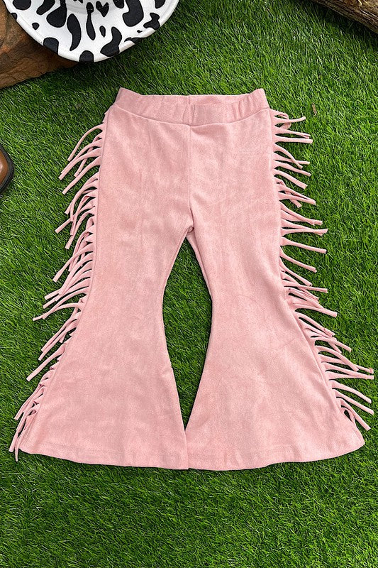 PINK SUEDE FABRIC FRINGE BOOT CUT PANTS